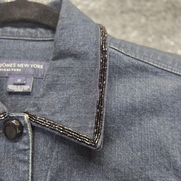 Jones New York Jacket Womens Small Blue Denim Beaded Button Up Pockets Signature - Picture 11 of 13
